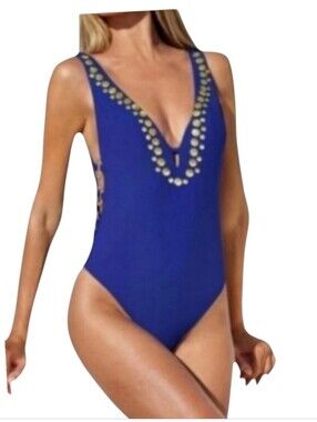 Athena Blue Studded Deep V Maillot High Cut Sexy One Piece Swimsuit 8 